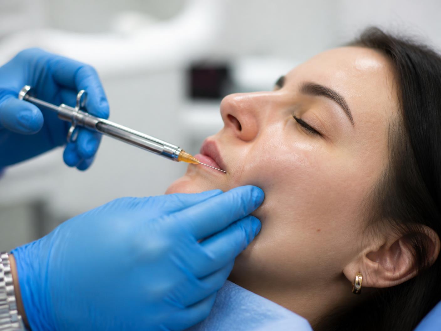 Profissional aplicando anestesia facial em paciente durante procedimento clínico